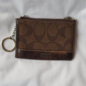 COACH Brown Signature Leather Canvas Zip Wallet Keychain Y2K